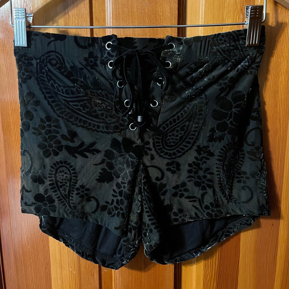 Lip Service Burnout Velvet Shorts Womens Medium Black Excellent Lace Up Paisley